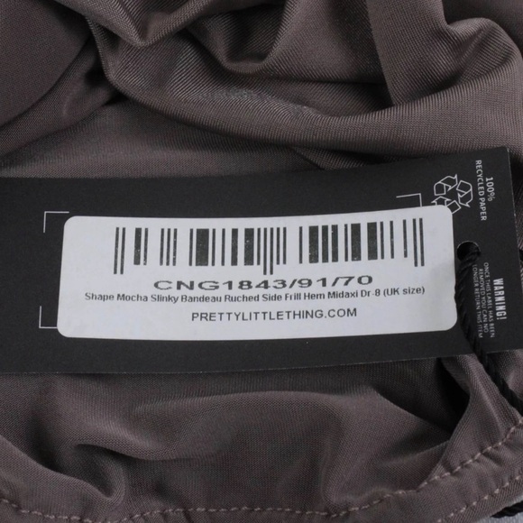 PRETTYLITTLETHING • Shape Mocha Slinky Bandeau Ruched Side Frill Midaxi Dress - Picture 5 of 7